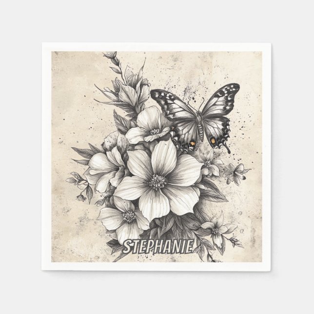 Serviette En Papier Fleurs et papillons rustiques - Papier vieilli (5) (Devant)