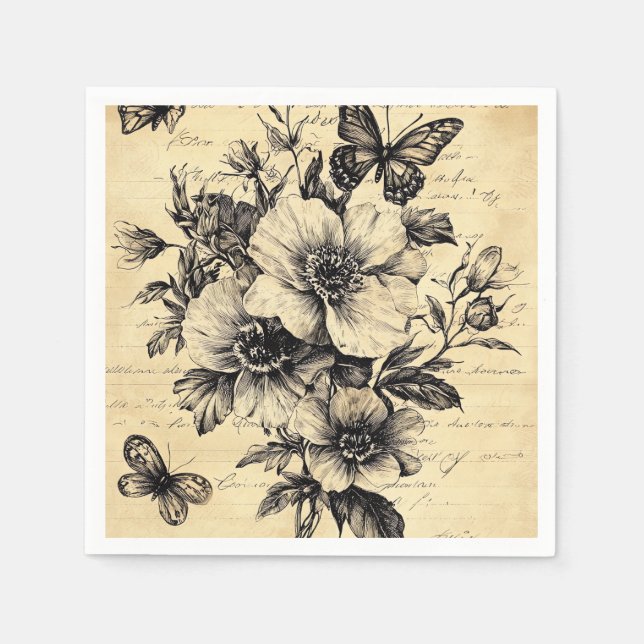 Serviette En Papier Fleurs et papillons rustiques - Papier vieilli (9) (Devant)
