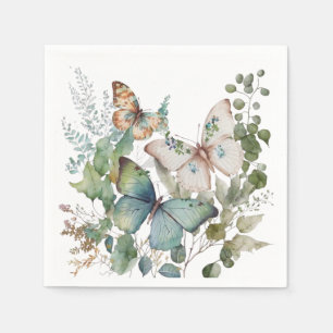 Serviette En Papier Fleurs et papillons verts romantiques