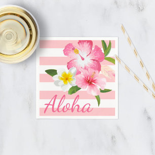 Serviette En Papier Fleurs et rayures tropicales roses Aloha