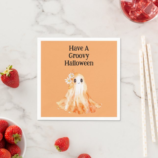 Serviette En Papier Fleurs fantômes orange groovy Halloween (En situation)