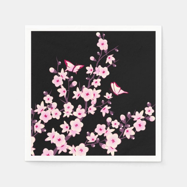 Serviette En Papier Fleurs florales de cerisier rose noir (Devant)