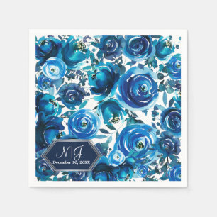 Serviette En Papier Fleurs Florales Indigo Bleu Élégantes Chic Mariage