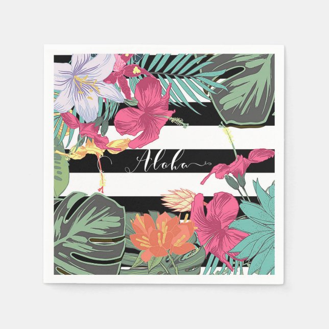Serviette En Papier Fleurs florales tropicales Feuilles Blancs noirs (Devant)