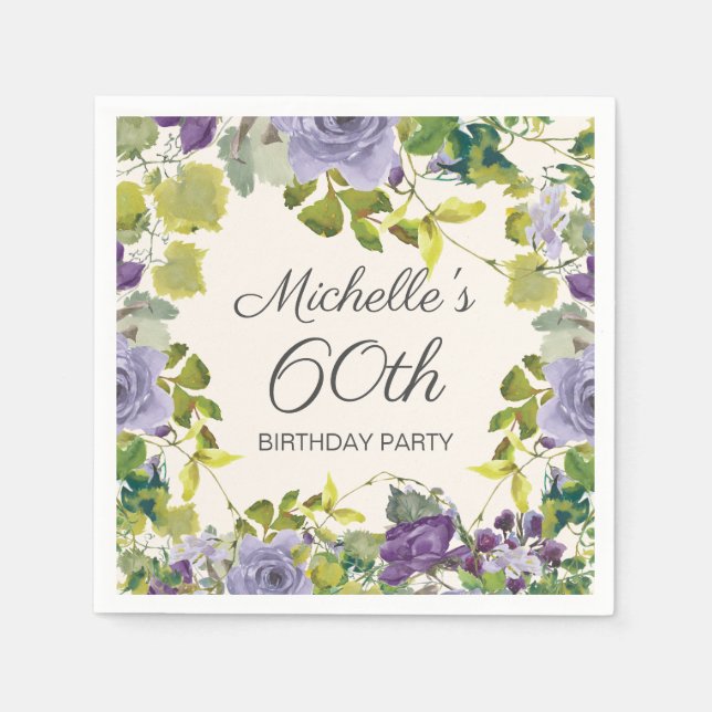 Serviette En Papier Fleurs Florales Violettes Feuilles Vertes Éditable (Devant)