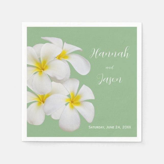 Serviette En Papier Fleurs Frangipani blanches, sur Sage, Mariage (Devant)