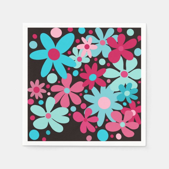 Serviette En Papier Fleurs funky bleu et rose (Devant)