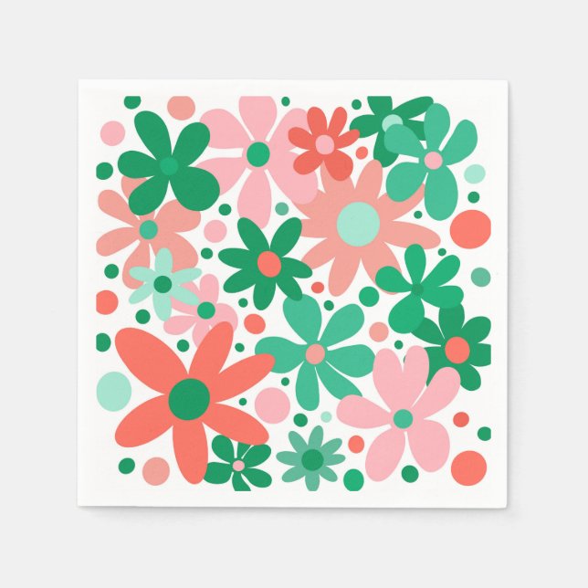Serviette En Papier Fleurs funky en vert, pêche et corail (Devant)