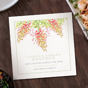 Serviette En Papier Fleurs Grevillea aquarelle mariage vert blanc