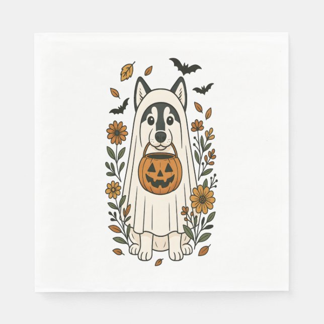 Serviette En Papier Fleurs Husky Sibériennes d'Halloween (Devant)