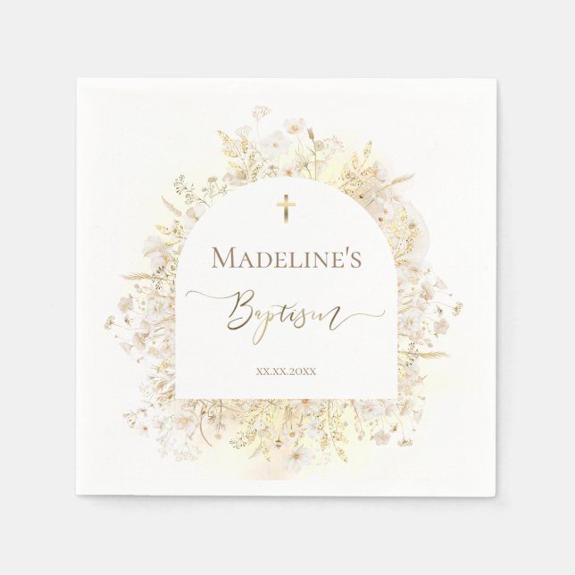 Serviette En Papier fleurs jaunes blanches Baptême  (Devant)