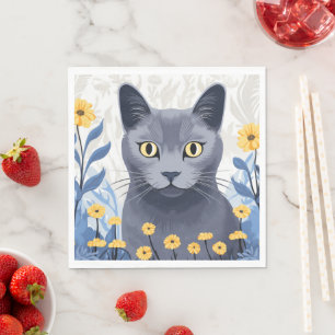 Serviette En Papier Fleurs Jaunes Chat Bleu Russe