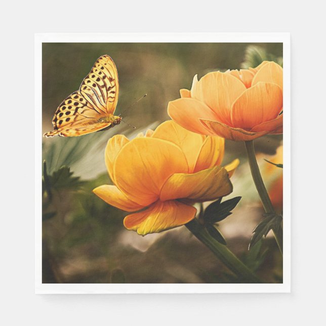 Serviette En Papier Fleurs jaunes dorées et papillon (Devant)