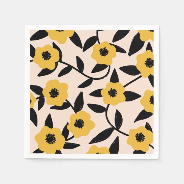 Serviette En Papier Fleurs Jaunes Modernes Motif Feuille Noir (Devant)
