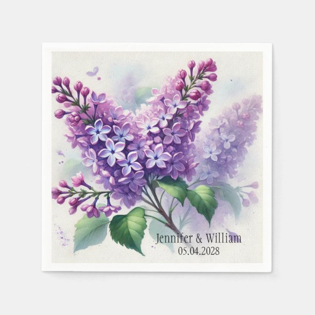 Serviette En Papier Fleurs Lilac Aquarelle Mariage Floral (Devant)