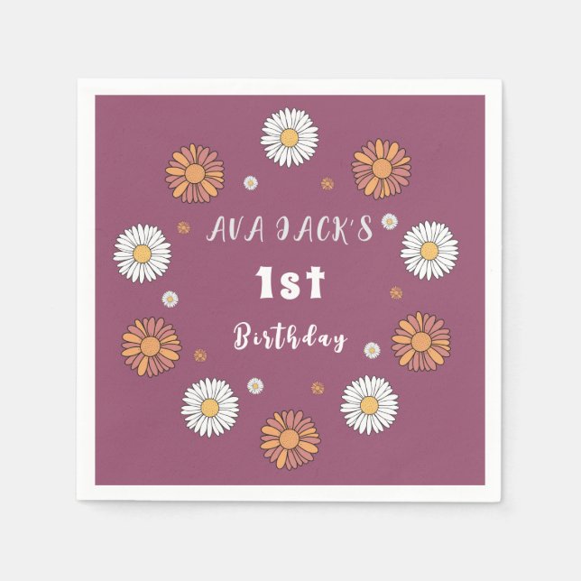 Serviette En Papier Fleurs marguerites pastel blanc et rose orangé (Devant)