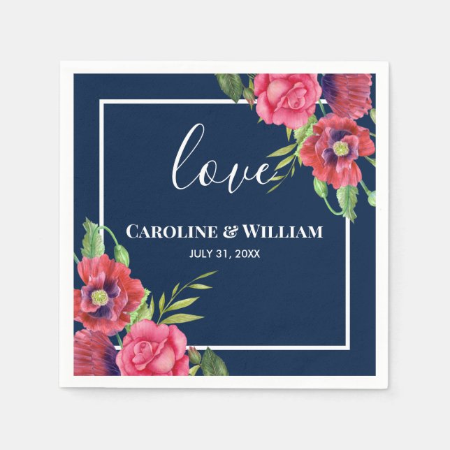 Serviette En Papier Fleurs mariages rouges et roses bleu foncé marine (Devant)