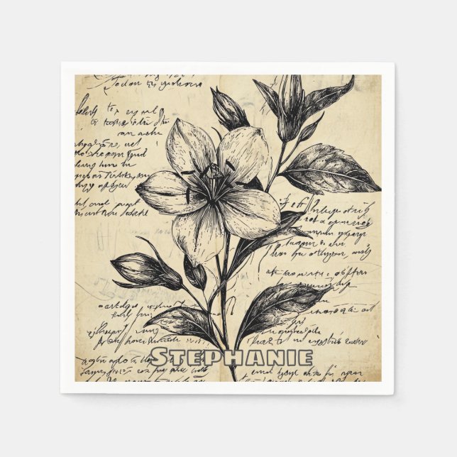 Serviette En Papier Fleurs Marron Antique Calligraphie Parchemin (Devant)