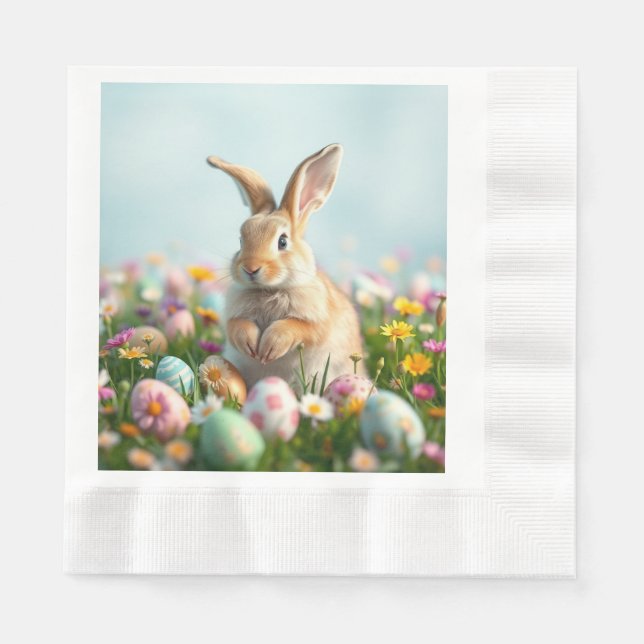 Serviette En Papier Fleurs mignonnes et fête de Pâques lapin (Devant)