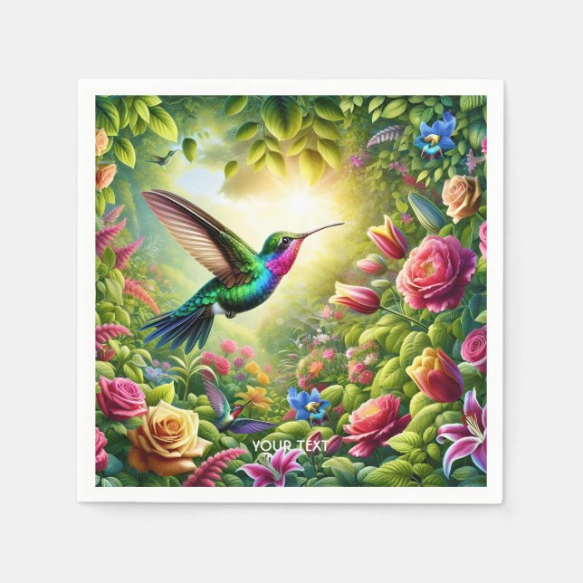 Serviette En Papier Fleurs mignonnes Imaginaires Arc-en-ciel Colibri (Devant)