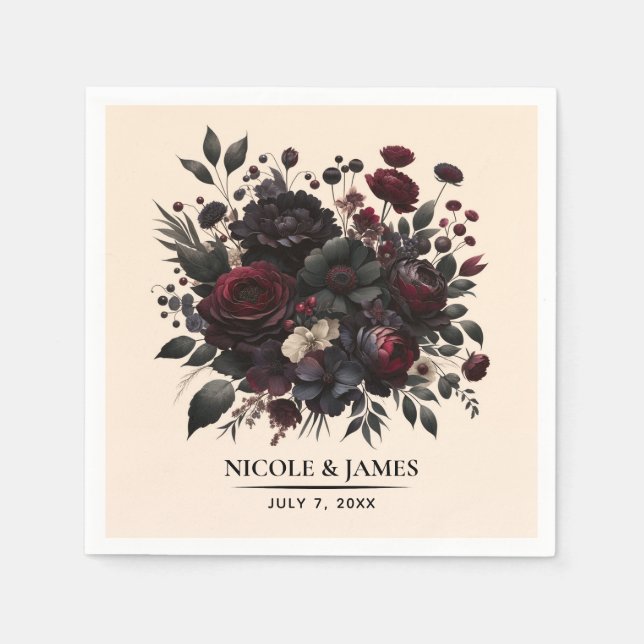 Serviette En Papier Fleurs Moody foncé Élégant Mariage à la crème flor (Devant)