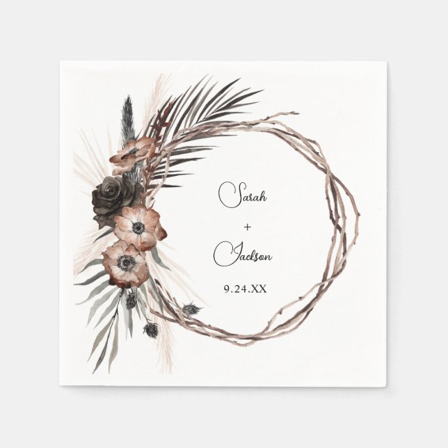 Serviette En Papier Fleurs Naturelles & Noires Boho Rustique Nom V2 (Devant)