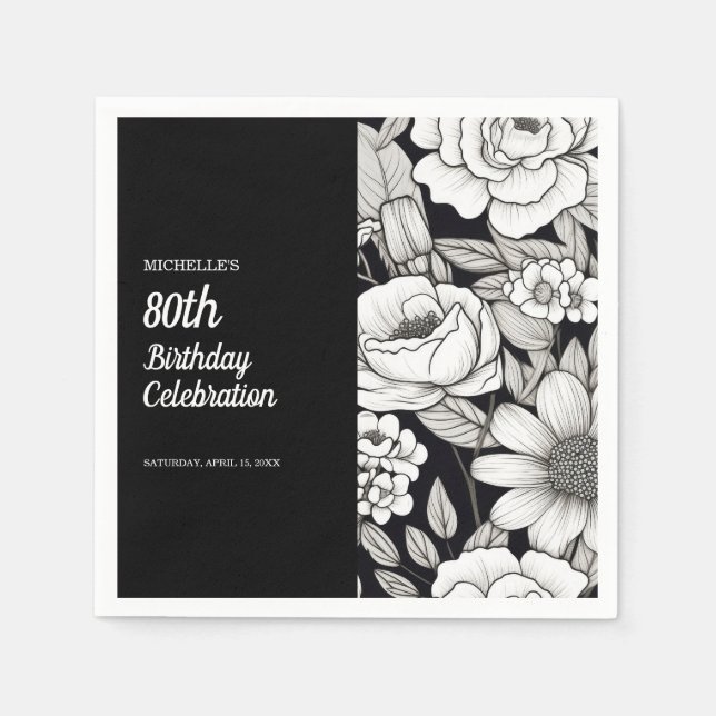 Serviette En Papier Fleurs Noir Blanc 80e Anniversaire (Devant)