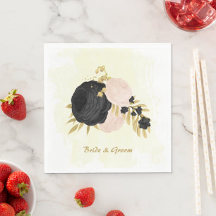 Serviette En Papier Fleurs noires et roses romantiques dorées