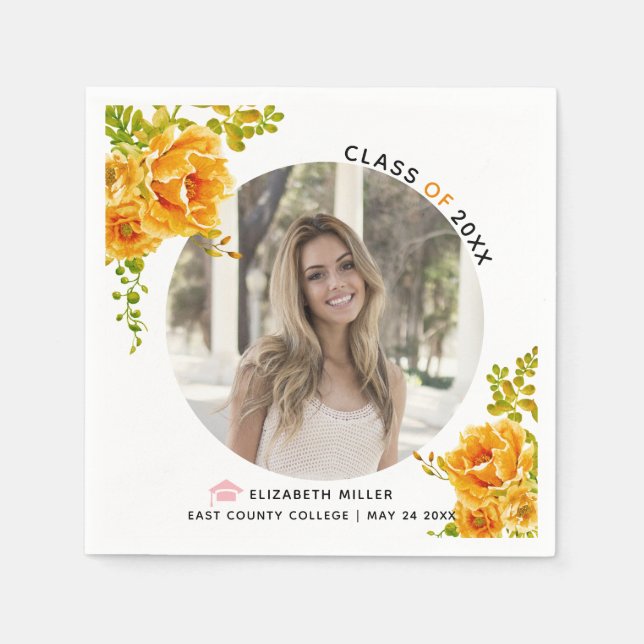 Serviette En Papier Fleurs orange Classe de photo de graduation 2022 (Devant)