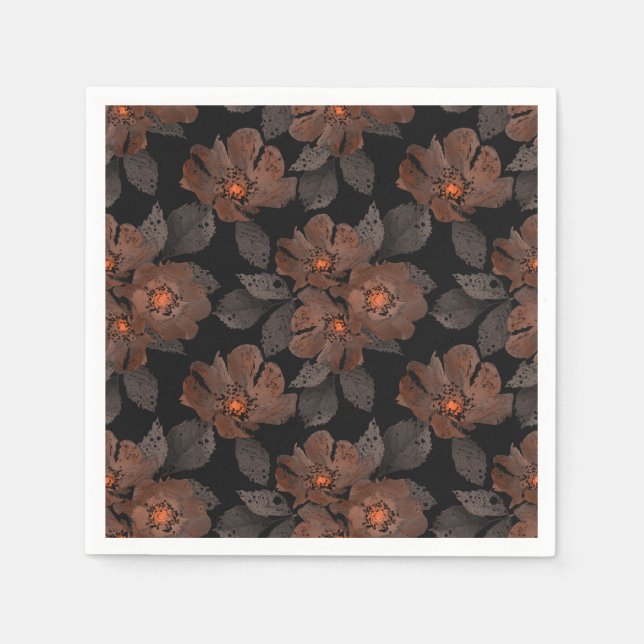 Serviette En Papier Fleurs orange et marron sur fond noir. (Devant)