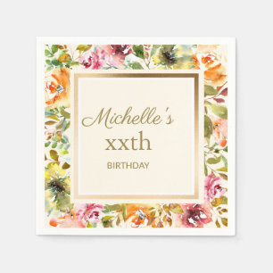 Serviette En Papier Fleurs orange rouge feuilles vertes or crème Anniv