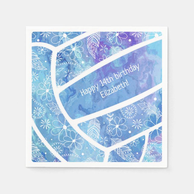 Serviette En Papier Fleurs paislies plumes motif bleu volleyball (Devant)