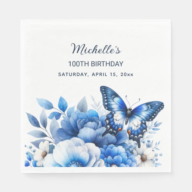 Serviette En Papier Fleurs papillons bleues Élégant 100e anniversaire (Devant)