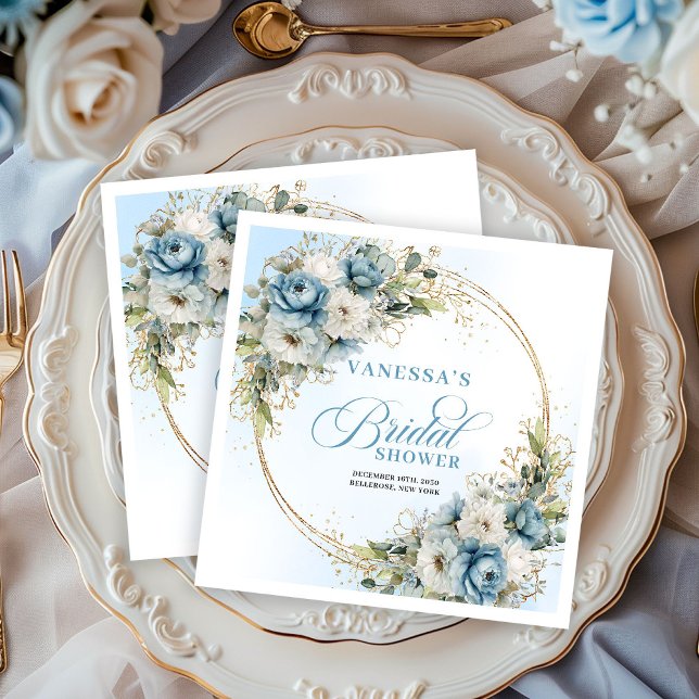 Serviette En Papier Fleurs pastel bleu bohème eucalyptus or fete (Pastel blue boho florals eucalyptus gold party napkins

)