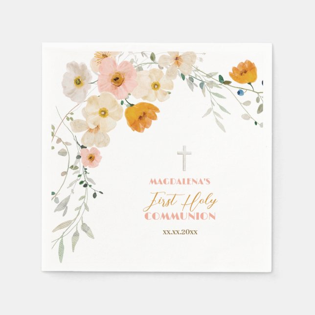 Serviette En Papier Fleurs pastel et verdure Première communion sainte (Devant)