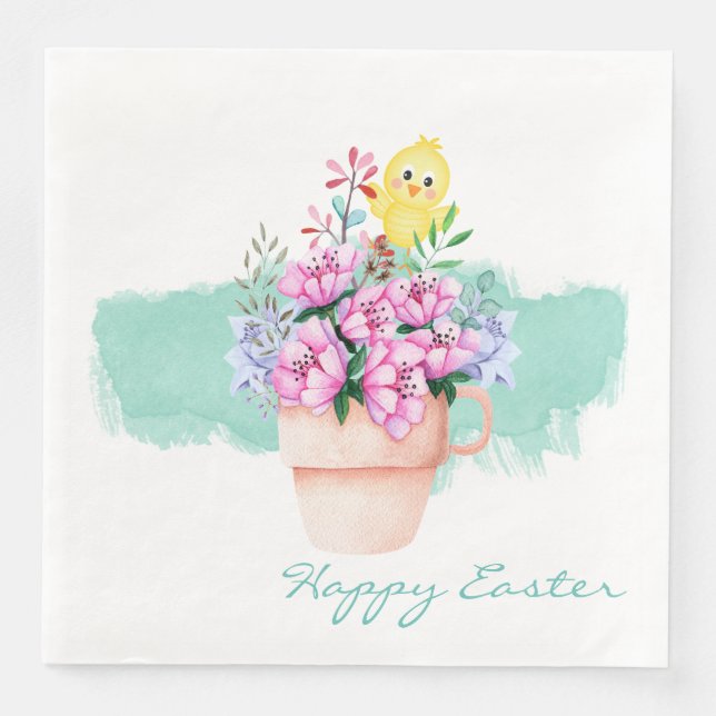 Serviette En Papier Fleurs printanières avec poussin de Pâques (Devant)