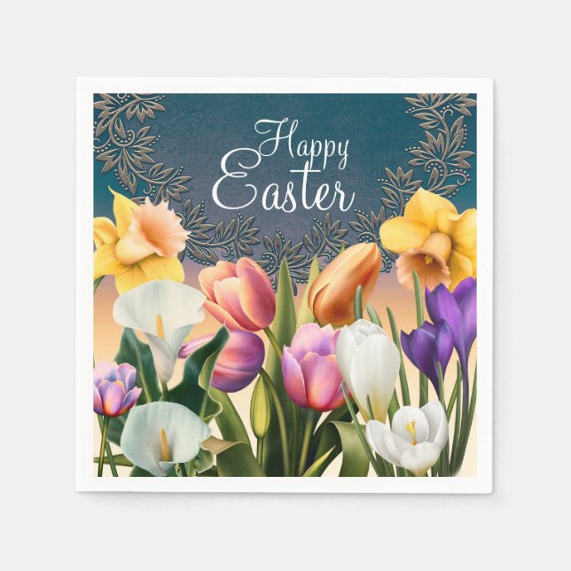 Serviette En Papier Fleurs printanières Cadre floral Élégant Chic Fête (Devant)