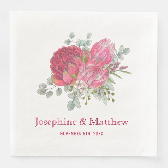 Serviette En Papier Fleurs Protea et Mariage Waratah (Devant)