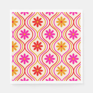 Serviette En Papier Fleurs rétro hippies sur motif ogee rouge orange r