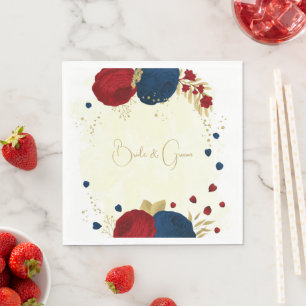 Serviette En Papier Fleurs romantiques rouge foncé et bleu marine or