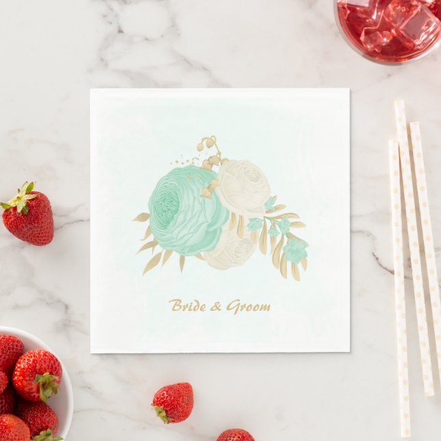 Serviette En Papier Fleurs romantiques vert menthe et blanc or (En situation)