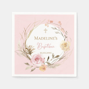 Serviette En Papier fleurs rose beige aquarelle Baptême