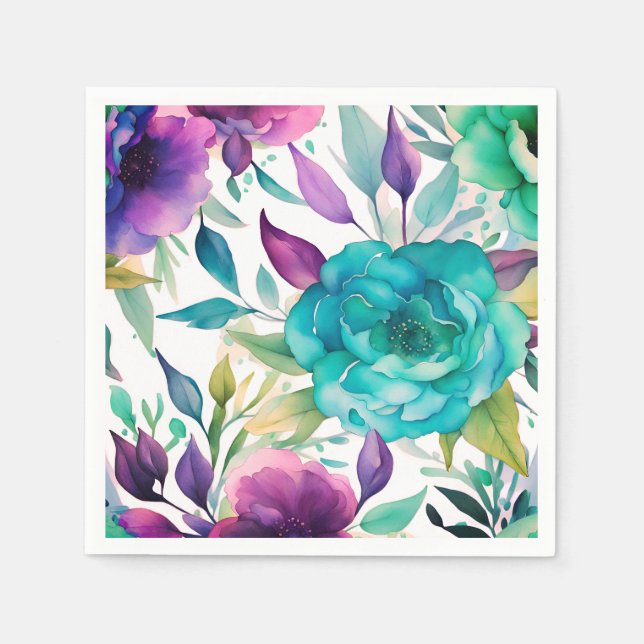 Serviette En Papier fleurs Rose Bleu Violet  (Devant)