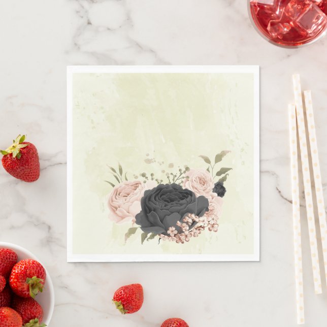Serviette En Papier fleurs rose blush noir mariage (En situation)