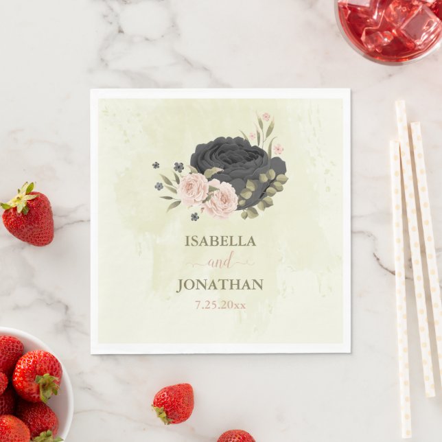 Serviette En Papier fleurs rose blush noir mariage (En situation)