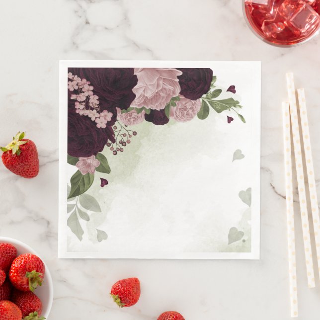 Serviette En Papier fleurs rose et cabernet verdure (En situation)