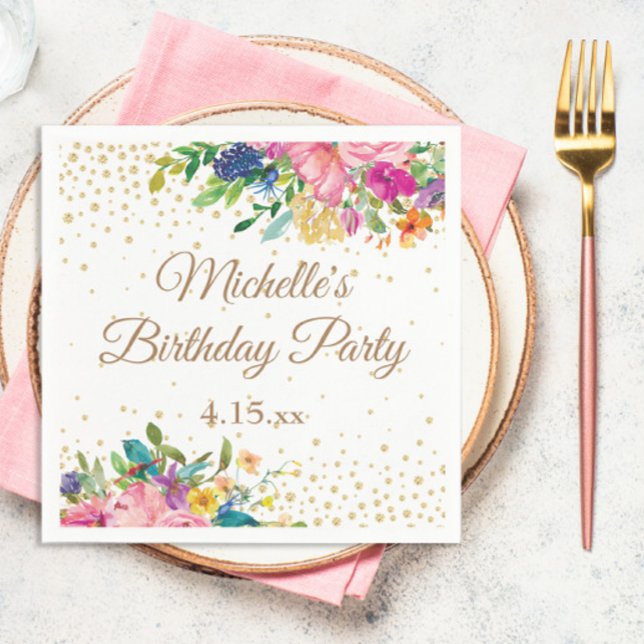 Serviette En Papier Fleurs rose jaune bleu pour anniversaire (Elegant pink and yellow watercolor floral and gold glitter birthday party paper napkin)