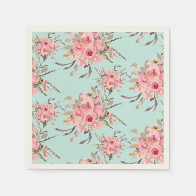 Serviette En Papier Fleurs rose pâle sur bleu clair (Devant)