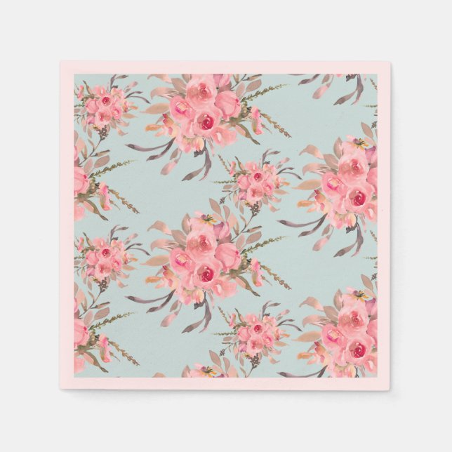 Serviette En Papier Fleurs rose pâle sur bleu clair (Devant)