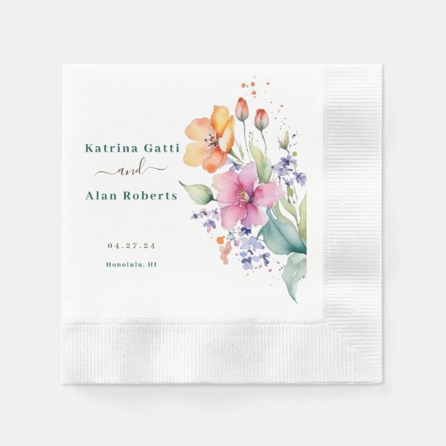 Serviette en papier Fleurs rose pêche jaune (Devant)